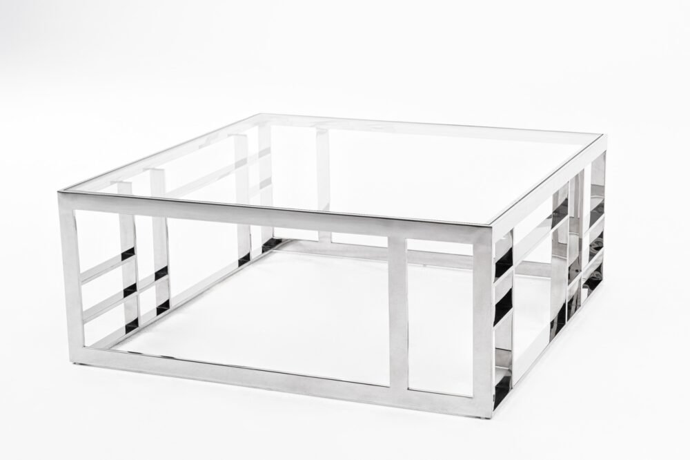 Modrest Stephen – Mesa de centro cuadrada moderna de vidrio y acero inoxidable