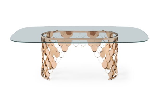 Mesa de comedor Mesa de comedor Modrest Javier
  moderna de cristal y oro rosa – Envíos a todo México | FurnitureMX