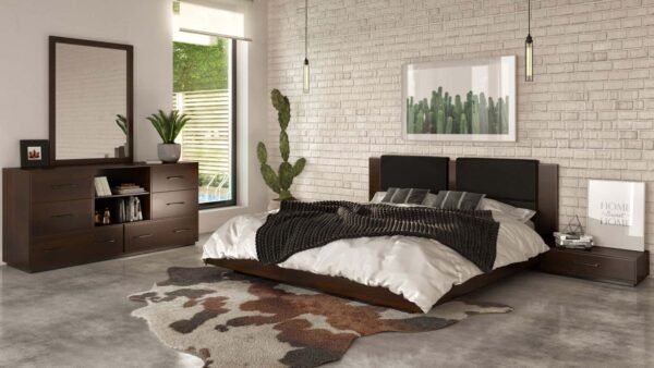 Mueble Nova Domus Fantasia - Cama y dos mesitas de
  noche en nogal oscuro/gris oscuro – Envíos a todo México | FurnitureMX