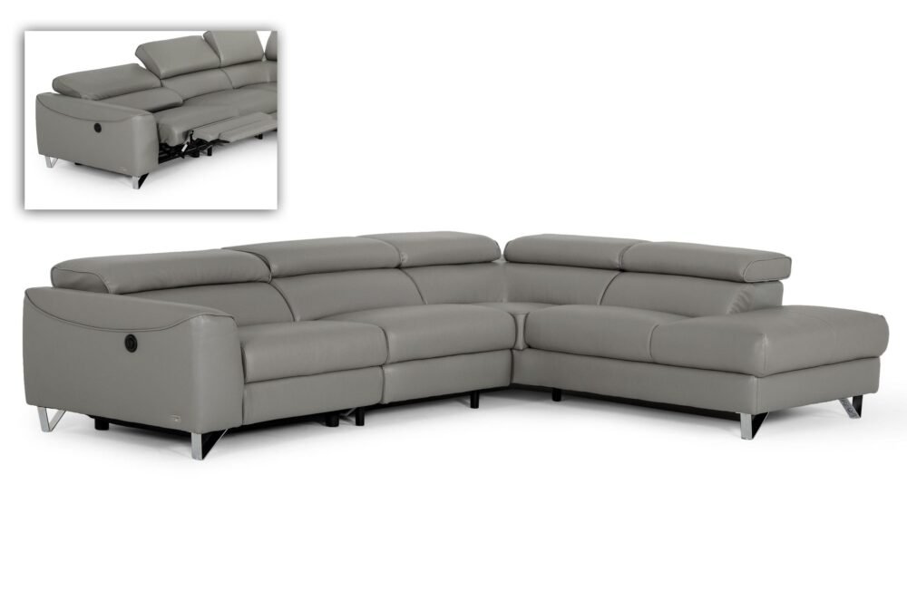 Divani Casa Versa – Sofá seccional moderno de piel teco gris orientado hacia la derecha con sillón reclinable