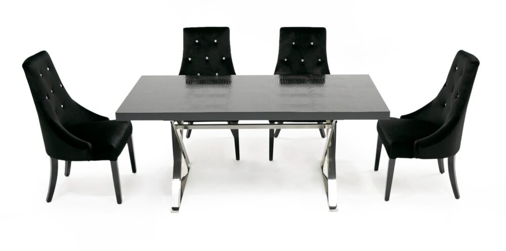 A&X Xavier – Mesa de comedor moderna de cocodrilo negro + acero inoxidable